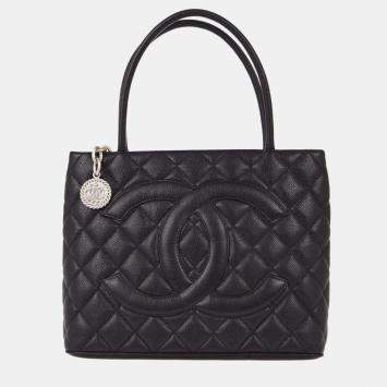 Pre Owned Chanel Black Calfskin Medallion Tote Handbag