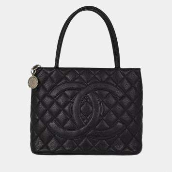Pre Owned Chanel Black Calfskin Medallion Tote Handbag