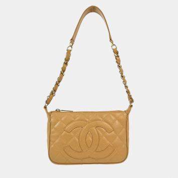 Pre Owned Chanel Beige Calfskin Chain Shoulder Bag