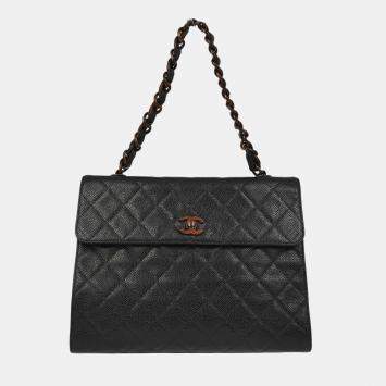 Pre Owned Chanel Black Calfskin Straight Flap Chain Handbag
