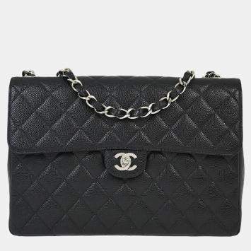 Pre Owned Chanel Black Calfskin Jumbo Classic Flap Shoulder Bag