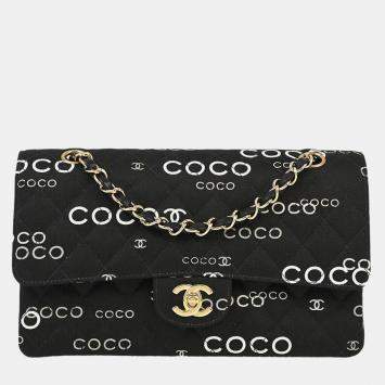 Pre Owned Chanel Black Canvas Coco Medium Classic Double Flap Shoulder Bag