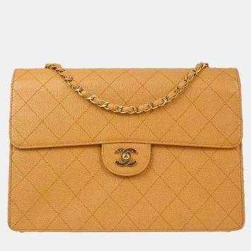 Pre Owned Chanel Beige Calfskin Single Flap Shoulder Bag