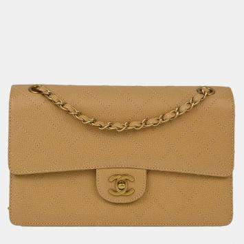 Pre Owned Chanel Beige Calfskin Medium Classic Single Flap Shoulder Bag