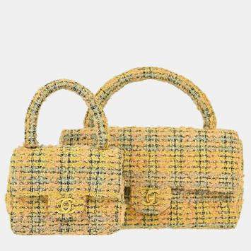 Chanel Yellow Tweed Classic Single Flap 2 In 1 Hand Bag Set
