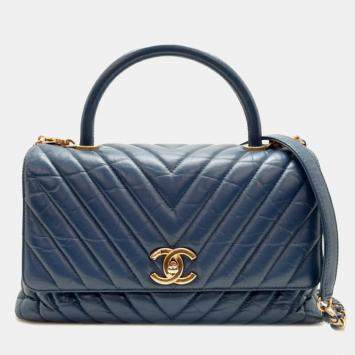 Chanel Calf Leather Blue V-stitch Coco Handle Chain Shoulder Bag