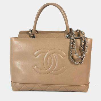 Pre Owned Chanel Caviar Skin Beige CC Coco Mark Tote Bag