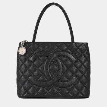 Pre Owned Chanel Black Calfskin Medallion Tote Handbag