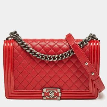 Pre Owned Chanel Red Quilted Patent and Leather New Medium Boy Bag