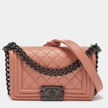 Pre Owned Chanel Peach Quilted Leather Small Boy Flap Bag