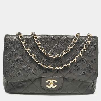 Pre Owned Chanel Black Quilted Caviar Leather Jumbo Classic Single Flap Bag