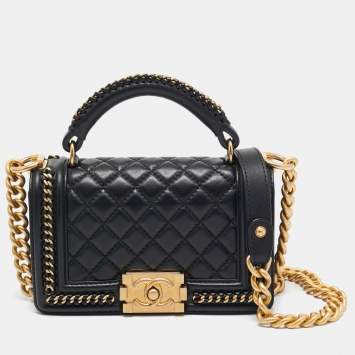 Pre Owned Chanel Black Quilted Leather Small Chain Around Boy Flap Bag