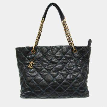 Pre Owned Chanel Black Navy Matelasse Chain Caviar Leather Tote Bag