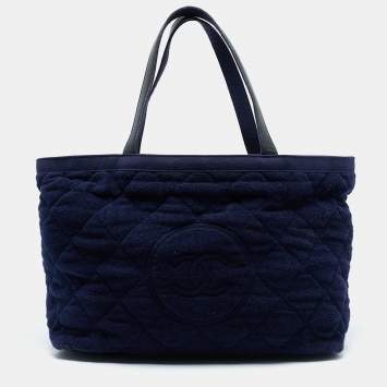 Chanel Navy Blue Quilted Terry Cloth CC Beach Tote