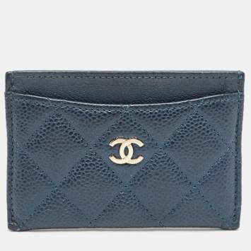 Pre Owned Chanel Teal Blue Quilted Caviar Leather CC Card Holder