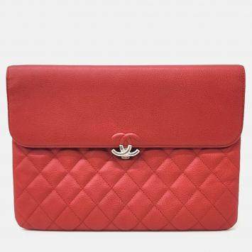 Pre Owned Chanel Red Leather Chanel Caviar Flap New Medium Clutch