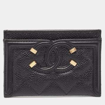 Pre Owned Chanel Black Quilted Caviar Leather Filigree Card Holder