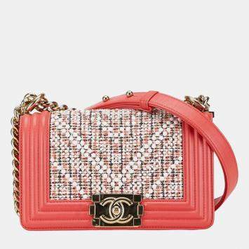 Pre Owned Chanel Pink White Multicolor Tweed Leather Boy Coco Mark Chain Shoulder Bag