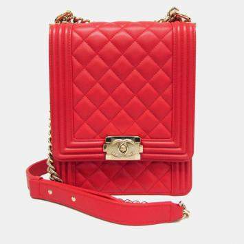 Pre Owned Chanel Red Boy Chanel Leather Shoulder Bag