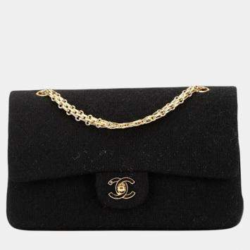 Pre Owned Chanel Black Cotton Jersey Matelasse Double Flap Coco Mark Chain Shoulder Bag
