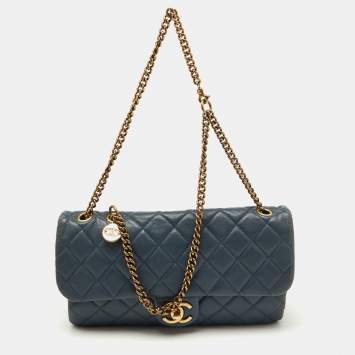 Pre Owned Chanel Blue Quilted Leather CC Crown Flap Bag