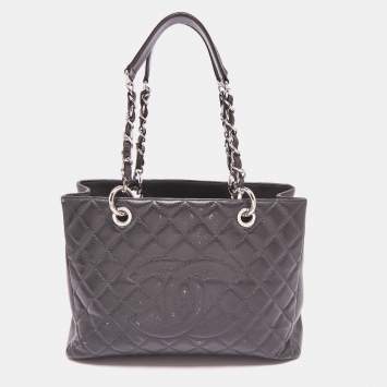 Pre Owned Chanel Grey Quilted Caviar Leather GST Shopper Tote