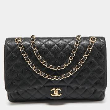 Pre Owned Chanel Black Quilted Caviar Leather Maxi Classic Single Flap Bag