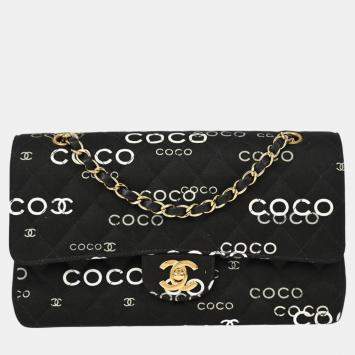 Pre Owned Chanel Black Canvas Coco Medium Classic Double Flap Shoulder Bag