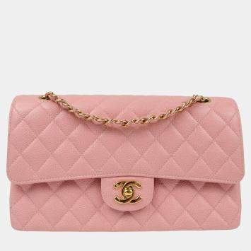 Pre Owned Chanel Pink Calfskin Medium Classic Double Flap Shoulder Bag
