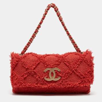 Pre Owned Chanel Red Diamond Stitch Tweed Maxi Nature Flap Bag                  