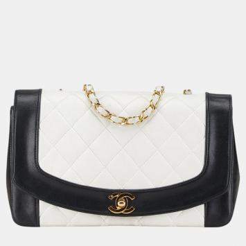 Pre Owned Chanel White Black Bicolor Lambskin Matelasse 25 Coco Mark Diana Chain Shoulder Bag