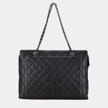 Pre Owned Chanel Black Silver Caviar Skin Coco Mark Chain Tote Bag