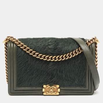 Pre Owned Chanel Green Calfhair and Leather New Medium Boy Flap Bag