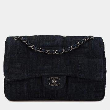 Pre Owned Chanel Blue Denim Perfume Embroidery Chain Shoulder Bag