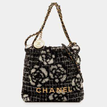 Pre Owned Chanel Black Cotton Camellia Logo Gold Chain Tote Shoulder Bag