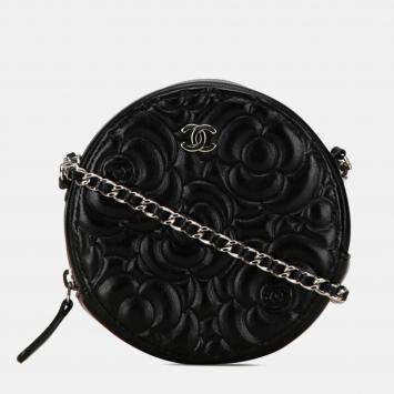 Chanel Black Leather Camellia Round Mini Chain Shoulder Bag
