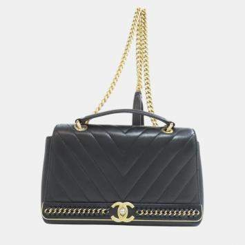 Pre Owned Chanel Black Lambskin Leather V-Stitch Shoulder Bag