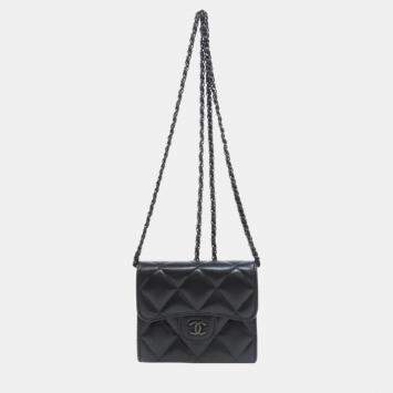 Pre Owned Chanel Black Lambskin Leather Chain Bi-Fold Wallet