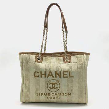 Pre Owned Chanel Beige Brown Canvas Deauville Tote and Shoulder Bag