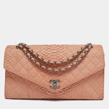 Pre Owned Chanel Peach Python Envelope Flap Bag
