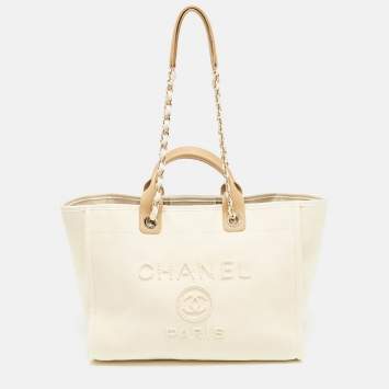 Pre Owned Chanel Tan/Cream Canvas Large Pearl Deauville Shopper Tote