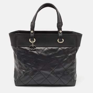 Pre Owned Chanel Black Quilted Coated Fabric Paris Biarritz Bag