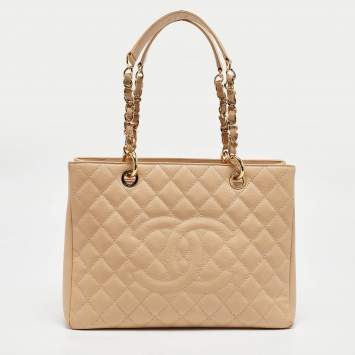 Pre Owned Chanel Beige Quilted Caviar Leather Grand Shopper Tote