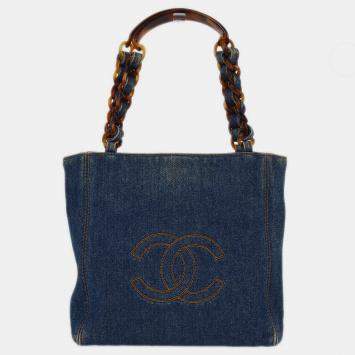Pre Owned Chanel Blue Denim Chain Tote Bag