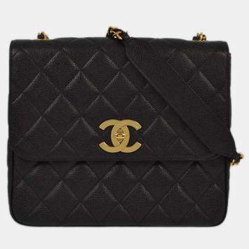 Pre Owned  Chanel Black Calfskin Straight Flap Chain Shoulder Bag