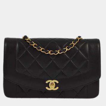 Pre Owned Chanel Black Lambskin Small Diana Shoulder  Bag