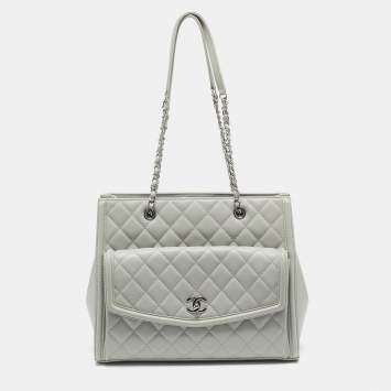Chanel Light Grey Quilted Leather CC Front Pocket Tote