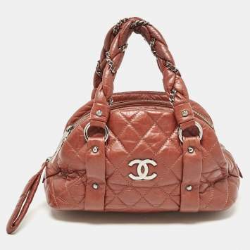 Pre Owned Chanel Dark Brown Quilted Aged Leather Small Puffer Lady Braid Bowler Bag