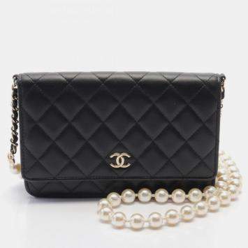 Chanel Black Lambskin Leather Pearl Wallet on Chain
