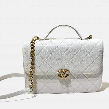 Pre Owned Chanel White Caviar Quilted Small Top Handle Flap Bag